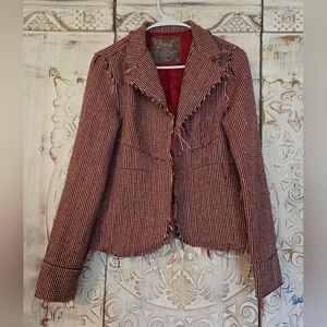 Womens Fossil Vintage Fitted Blazer Red Striped Raw Edges  Layering Large
